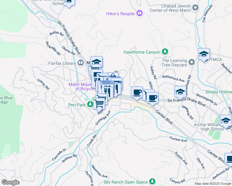 map of restaurants, bars, coffee shops, grocery stores, and more near 1814 Sir Francis Drake Boulevard in Fairfax