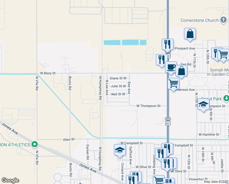 map of restaurants, bars, coffee shops, grocery stores, and more near 1805 Neil St in Garden City