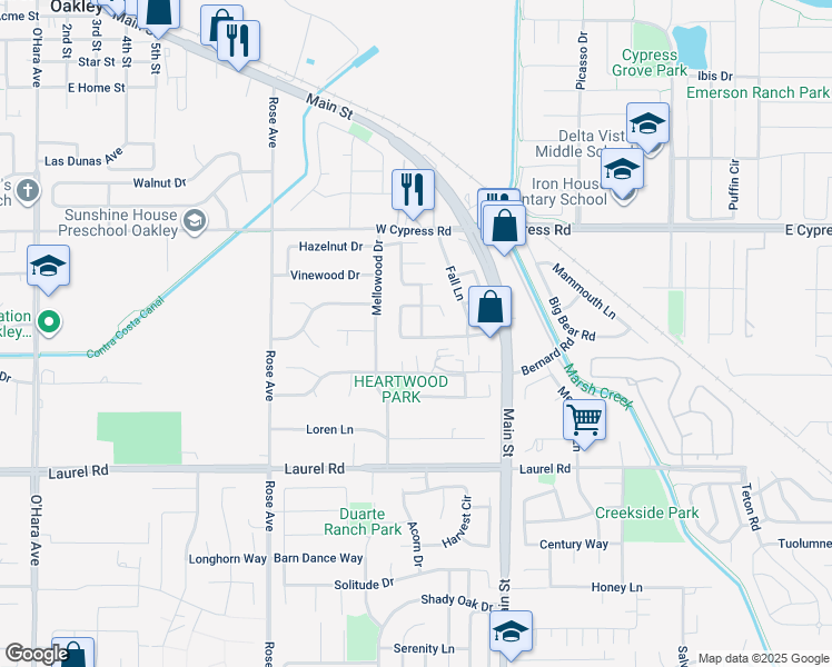 map of restaurants, bars, coffee shops, grocery stores, and more near 4301 Beechnut Lane in Oakley