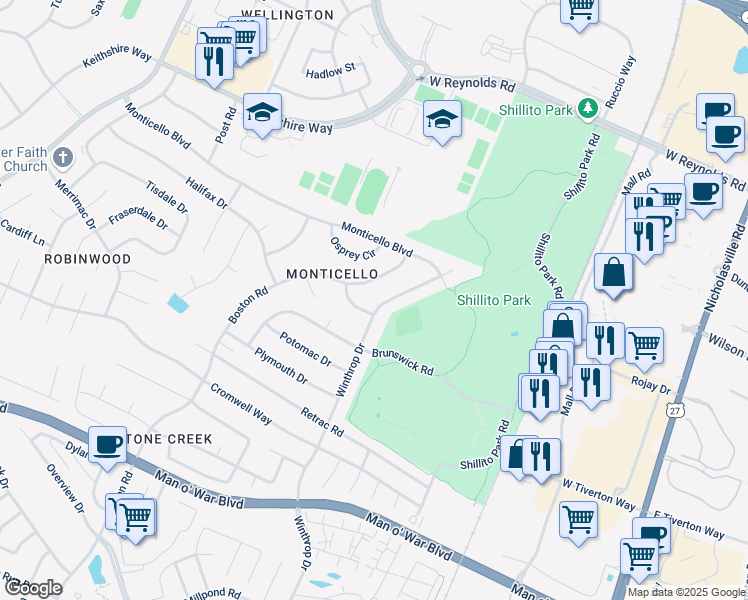 map of restaurants, bars, coffee shops, grocery stores, and more near 3427 Winthrop Dr in Lexington