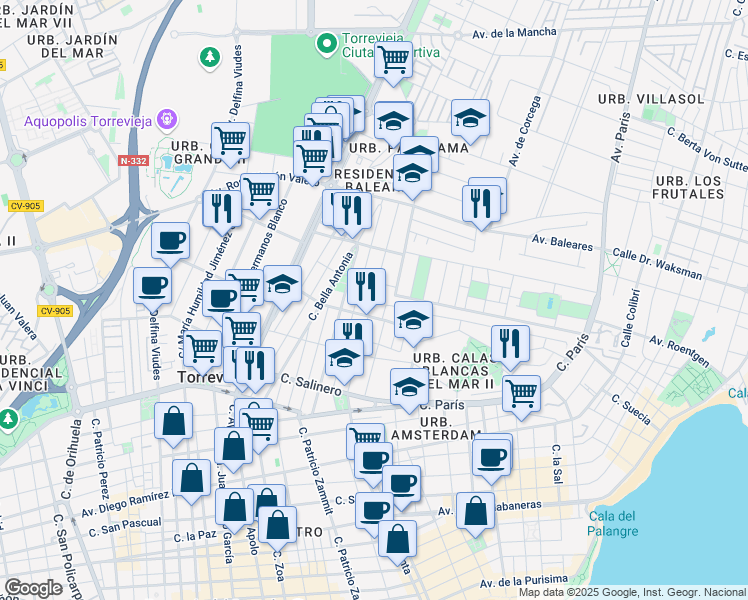 map of restaurants, bars, coffee shops, grocery stores, and more near 64 Calle Marcelina in Torrevieja