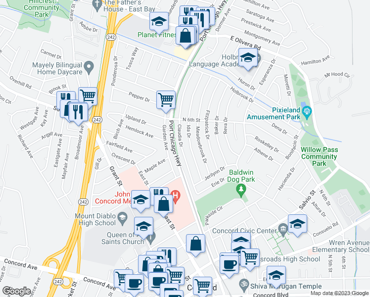map of restaurants, bars, coffee shops, grocery stores, and more near 3148 Claudia Drive in Concord