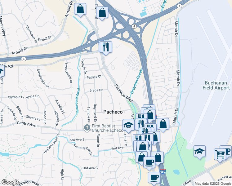 map of restaurants, bars, coffee shops, grocery stores, and more near 5488 Pacheco Blvd in Pacheco
