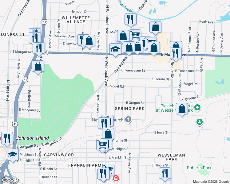 map of restaurants, bars, coffee shops, grocery stores, and more near 2026 East Missouri Street in Evansville