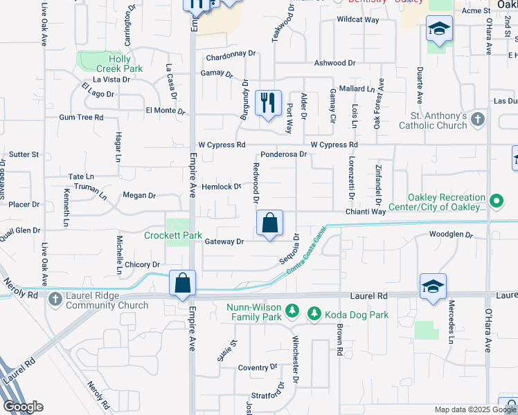 map of restaurants, bars, coffee shops, grocery stores, and more near 1780 Chianti Way in Oakley