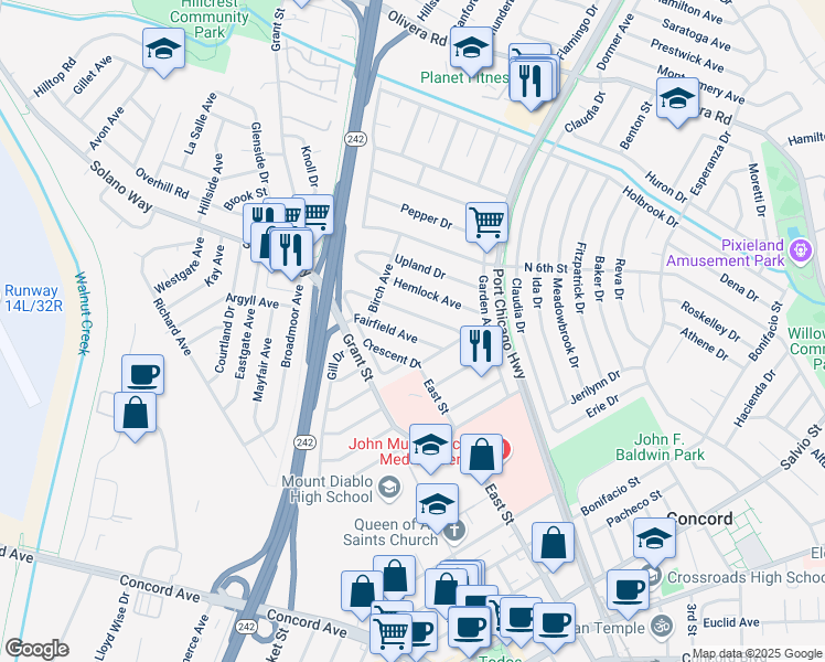 map of restaurants, bars, coffee shops, grocery stores, and more near 2383 Fairfield Avenue in Concord