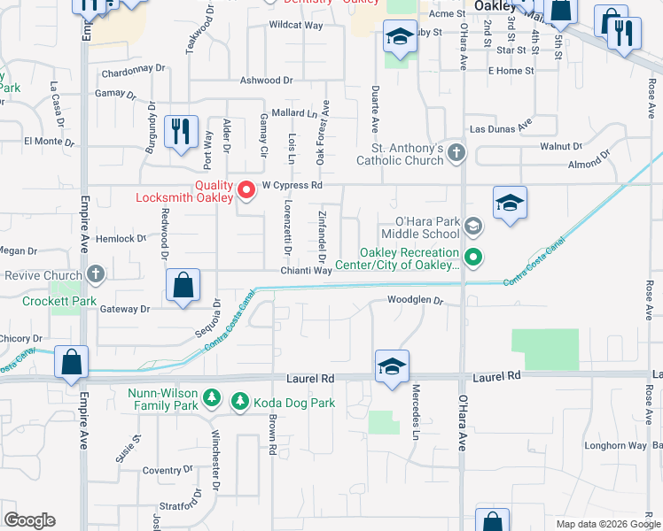 map of restaurants, bars, coffee shops, grocery stores, and more near 916 Chianti Way in Oakley