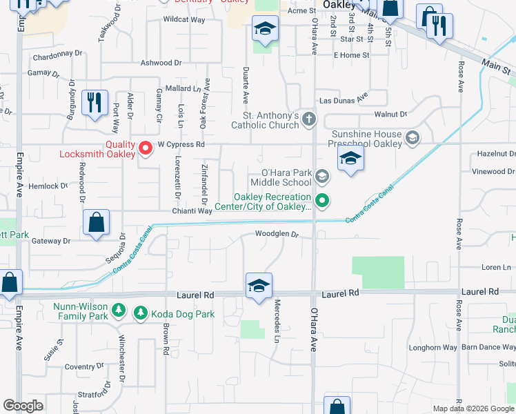 map of restaurants, bars, coffee shops, grocery stores, and more near 862 Chianti Way in Oakley