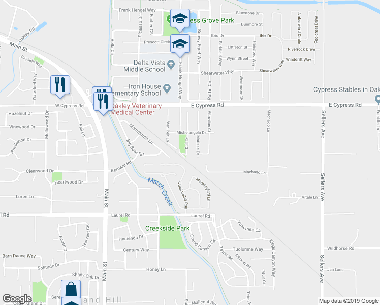 map of restaurants, bars, coffee shops, grocery stores, and more near 38 Dali Court in Oakley