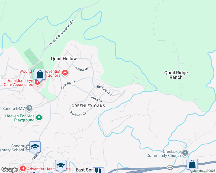 map of restaurants, bars, coffee shops, grocery stores, and more near 13078 Beckwith Road in Sonora