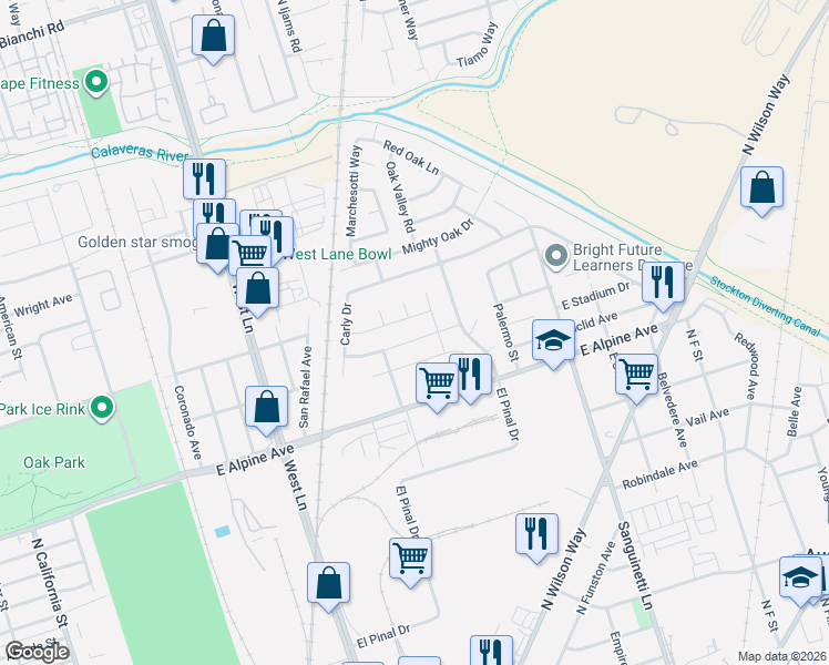 map of restaurants, bars, coffee shops, grocery stores, and more near 1809 Fontanella Way in Stockton
