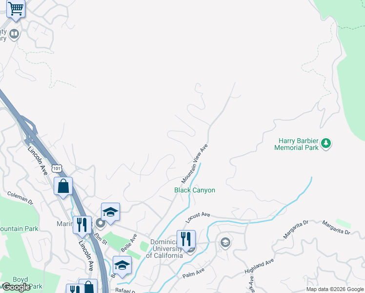 map of restaurants, bars, coffee shops, grocery stores, and more near 41 Convent Court in San Rafael