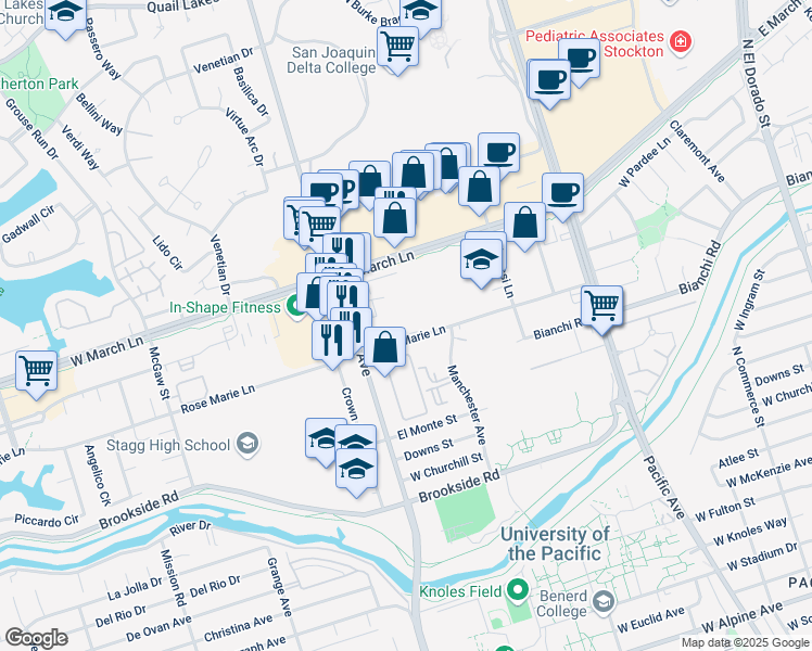 map of restaurants, bars, coffee shops, grocery stores, and more near 1039 Rosemarie Lane in Stockton