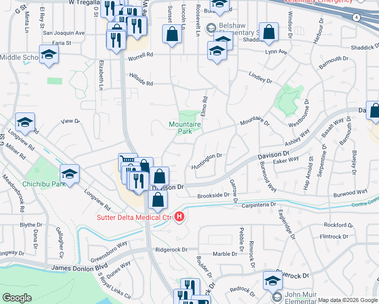 map of restaurants, bars, coffee shops, grocery stores, and more near 3509 Mountaire Drive in Antioch