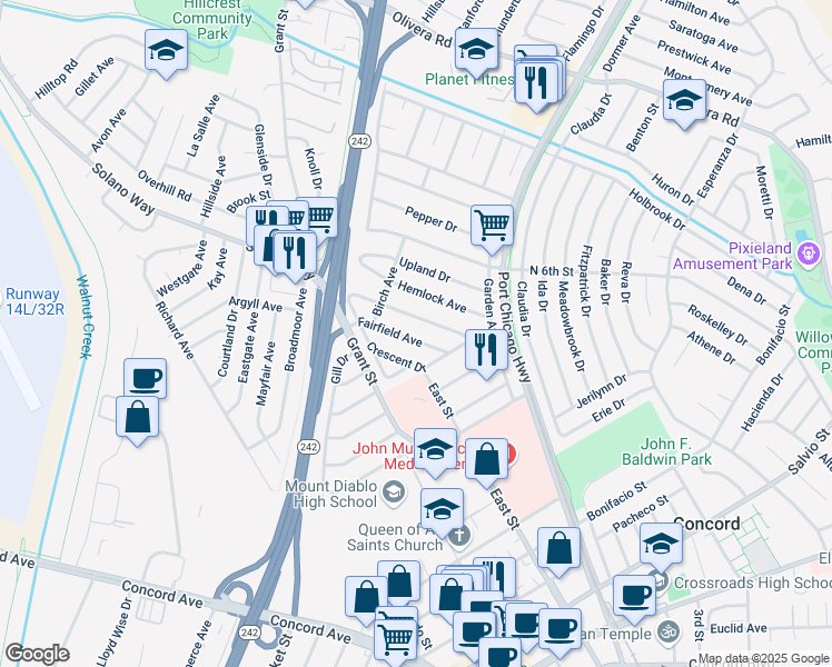 map of restaurants, bars, coffee shops, grocery stores, and more near 2383 Fairfield Avenue in Concord