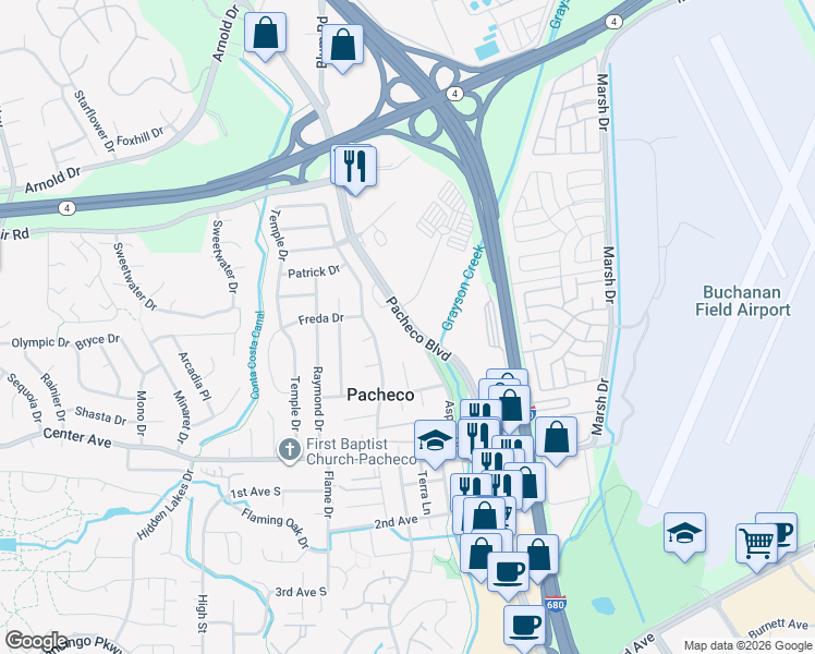 map of restaurants, bars, coffee shops, grocery stores, and more near 5488 Pacheco Boulevard in Pacheco