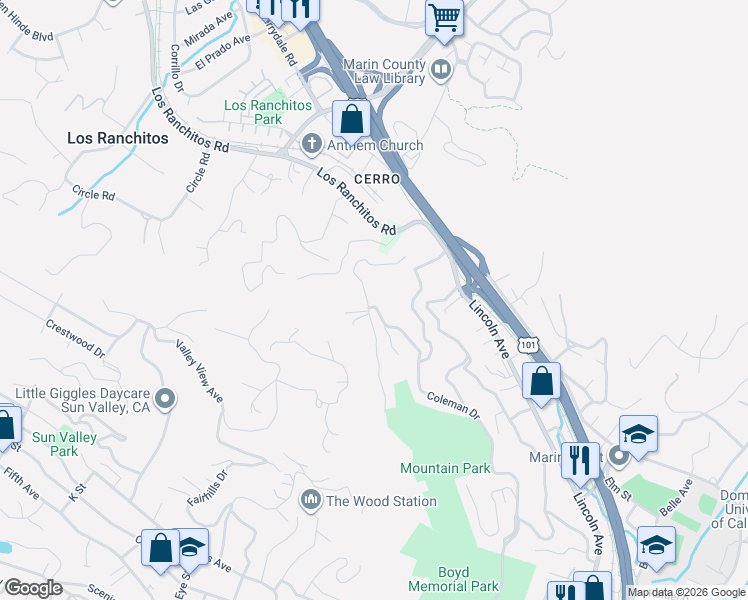 map of restaurants, bars, coffee shops, grocery stores, and more near in San Rafael