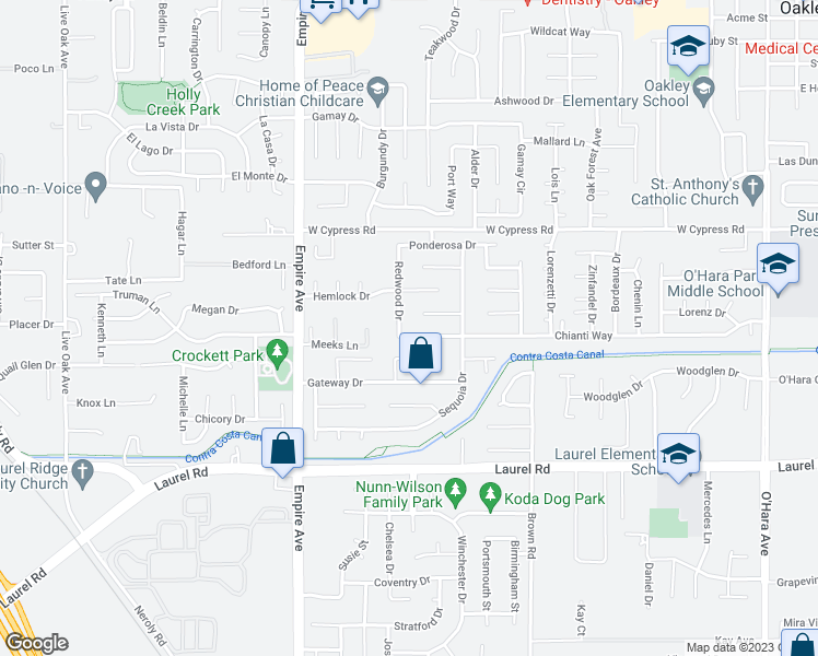 map of restaurants, bars, coffee shops, grocery stores, and more near 1780 Chianti Way in Oakley