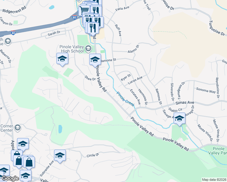 map of restaurants, bars, coffee shops, grocery stores, and more near 2316 Julia Ct in Pinole