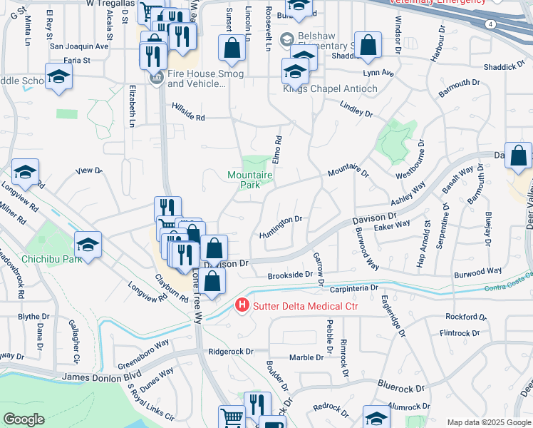 map of restaurants, bars, coffee shops, grocery stores, and more near 3509 Mountaire Drive in Antioch