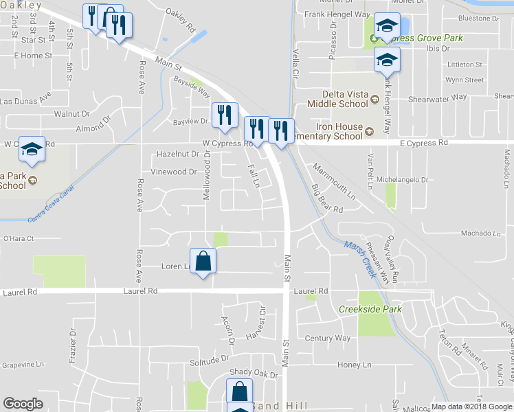 map of restaurants, bars, coffee shops, grocery stores, and more near 202 Almondtree Lane in Oakley