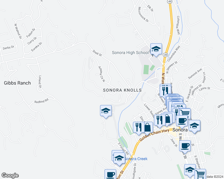 map of restaurants, bars, coffee shops, grocery stores, and more near 48 Arbona Circle South in Sonora