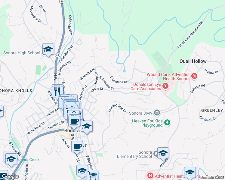 map of restaurants, bars, coffee shops, grocery stores, and more near 453 East Jackson Street in Sonora