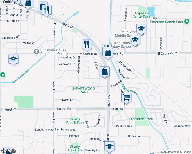 map of restaurants, bars, coffee shops, grocery stores, and more near 210 Almondtree Lane in Oakley