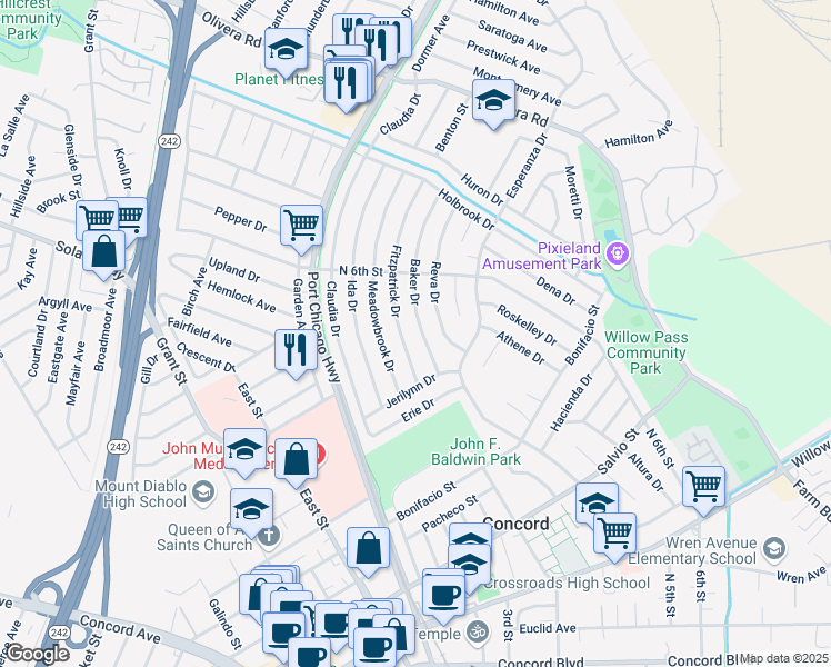 map of restaurants, bars, coffee shops, grocery stores, and more near 3139 Baker Drive in Concord