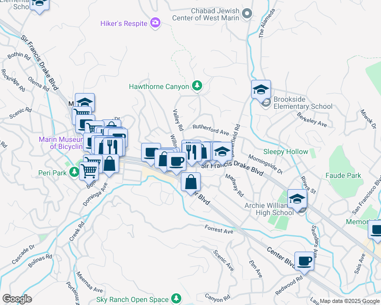 map of restaurants, bars, coffee shops, grocery stores, and more near 111 Suffield Avenue in San Anselmo