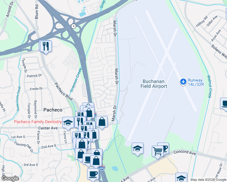 map of restaurants, bars, coffee shops, grocery stores, and more near 180 Algiers Circle in Pacheco