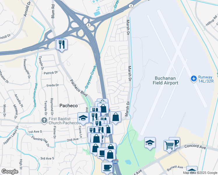 map of restaurants, bars, coffee shops, grocery stores, and more near 174 Medina Drive in Pacheco