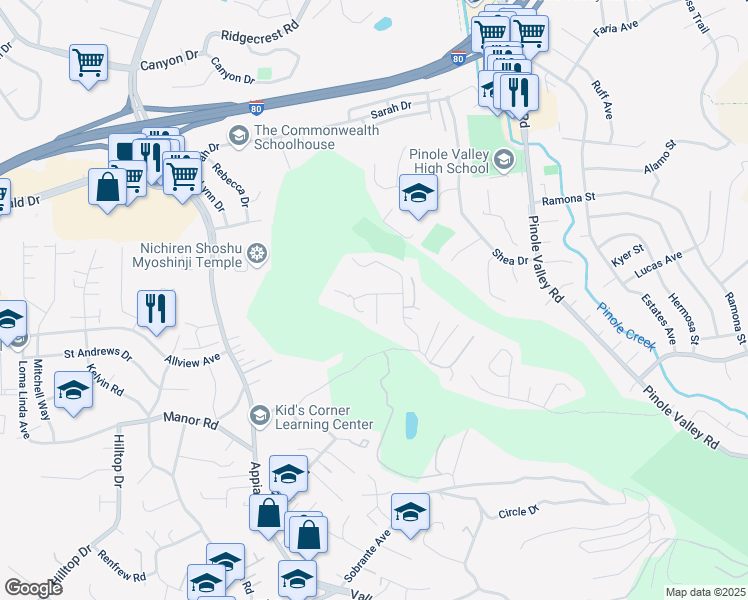 map of restaurants, bars, coffee shops, grocery stores, and more near 200 North Rancho Place in El Sobrante