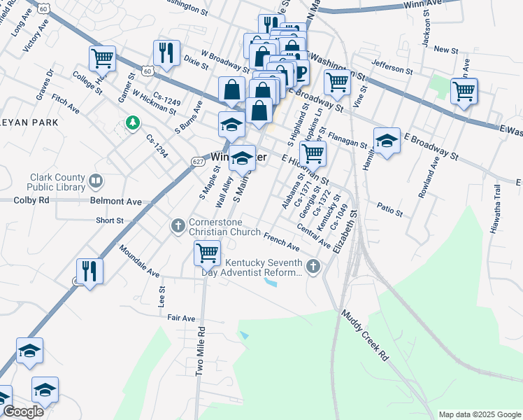 map of restaurants, bars, coffee shops, grocery stores, and more near 262 South Highland Street in Winchester