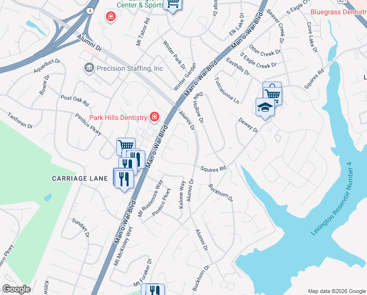 map of restaurants, bars, coffee shops, grocery stores, and more near 3217 Packanack Court in Lexington
