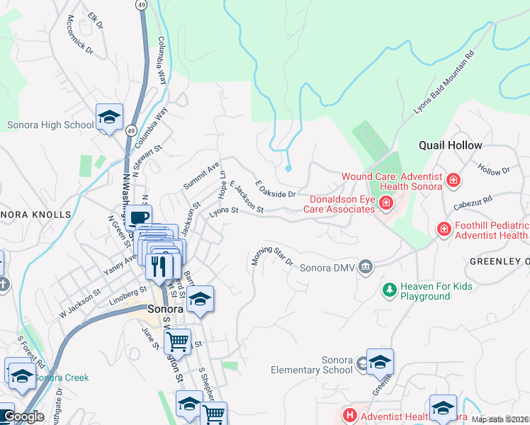 map of restaurants, bars, coffee shops, grocery stores, and more near 453 East Jackson Street in Sonora