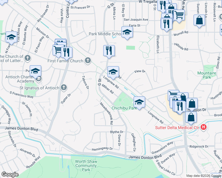 map of restaurants, bars, coffee shops, grocery stores, and more near 3124 Milner Road in Antioch