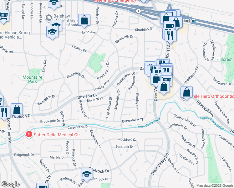 map of restaurants, bars, coffee shops, grocery stores, and more near 3328 Serpentine Drive in Antioch