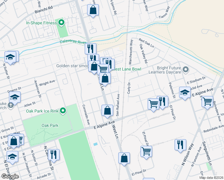 map of restaurants, bars, coffee shops, grocery stores, and more near 3716 Utah Avenue in Stockton