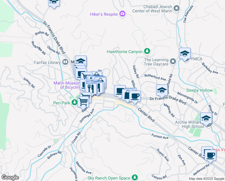 map of restaurants, bars, coffee shops, grocery stores, and more near 125 Live Oak Avenue in Fairfax