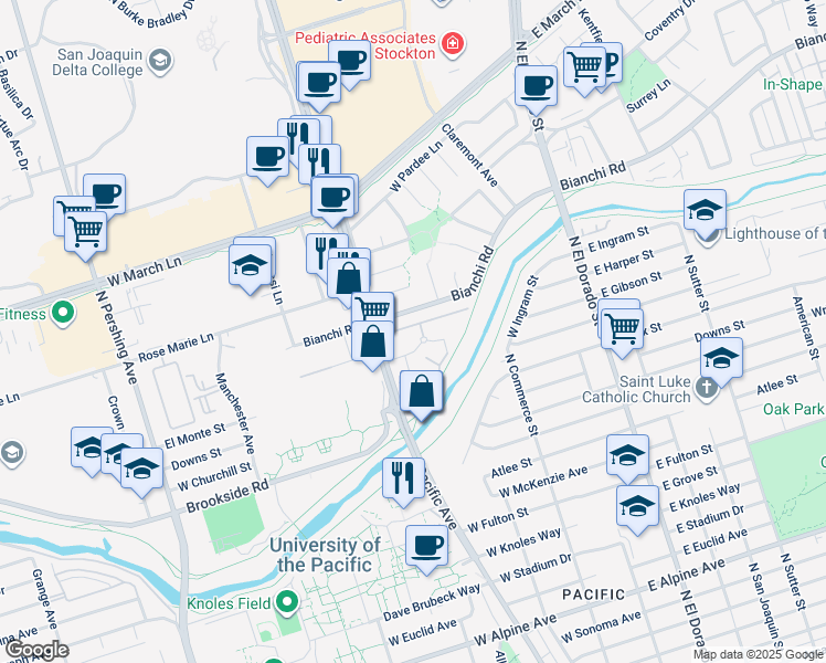 map of restaurants, bars, coffee shops, grocery stores, and more near 4332 Pacific Avenue in Stockton