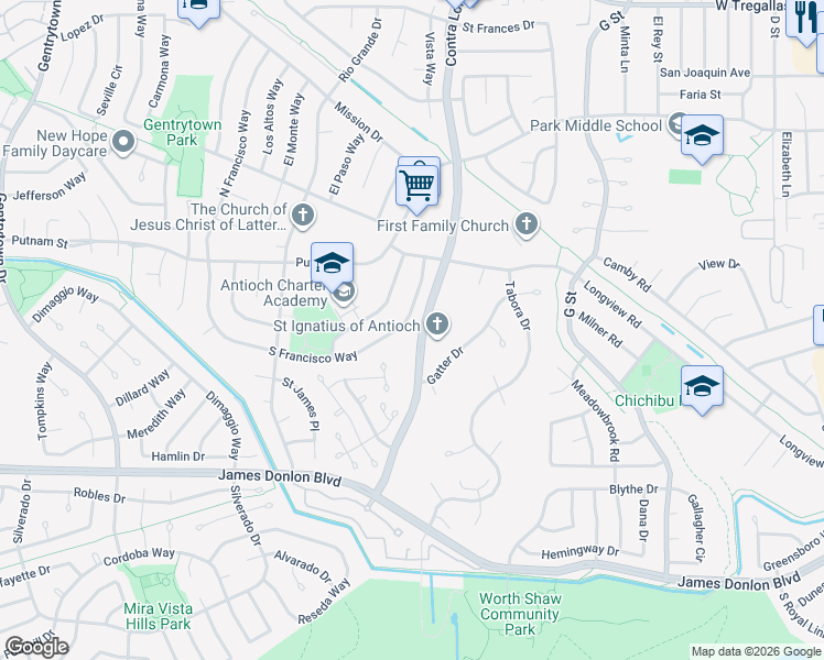 map of restaurants, bars, coffee shops, grocery stores, and more near 3354 South Francisco Way in Antioch