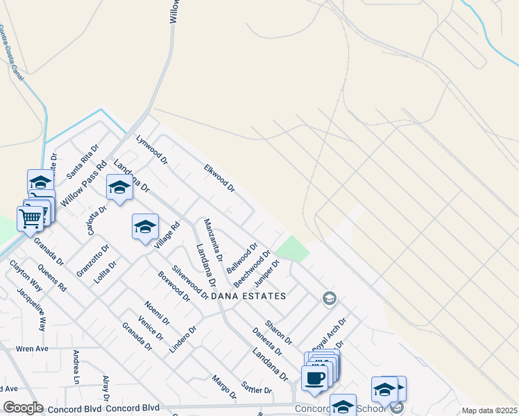 map of restaurants, bars, coffee shops, grocery stores, and more near 1812 Elkwood Drive in Concord
