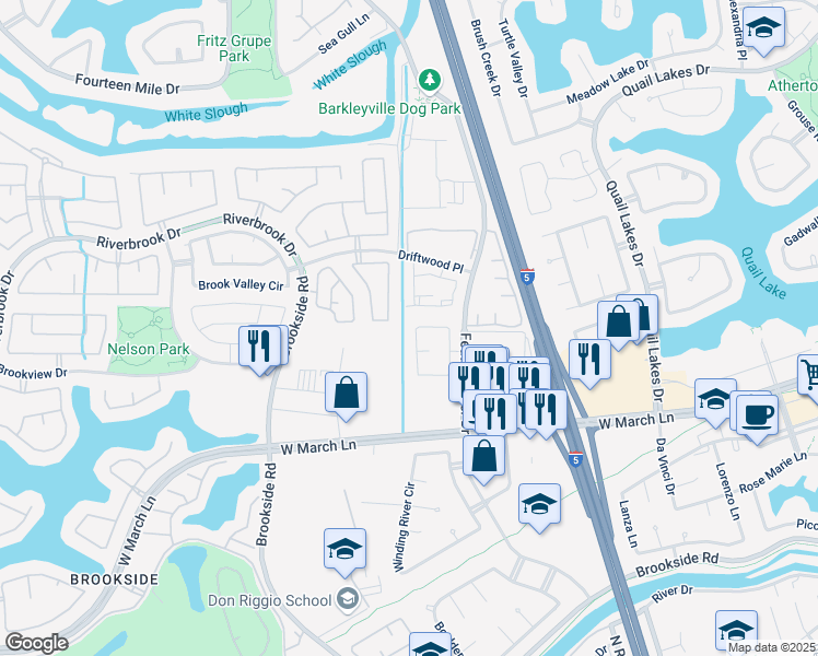map of restaurants, bars, coffee shops, grocery stores, and more near 5027 Moss Creek Circle in Stockton