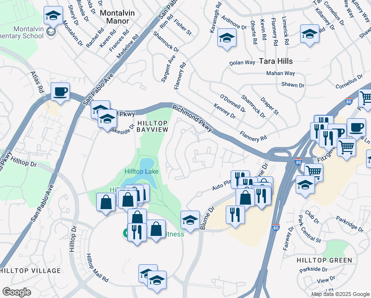 map of restaurants, bars, coffee shops, grocery stores, and more near 3400 Richmond Parkway in Richmond