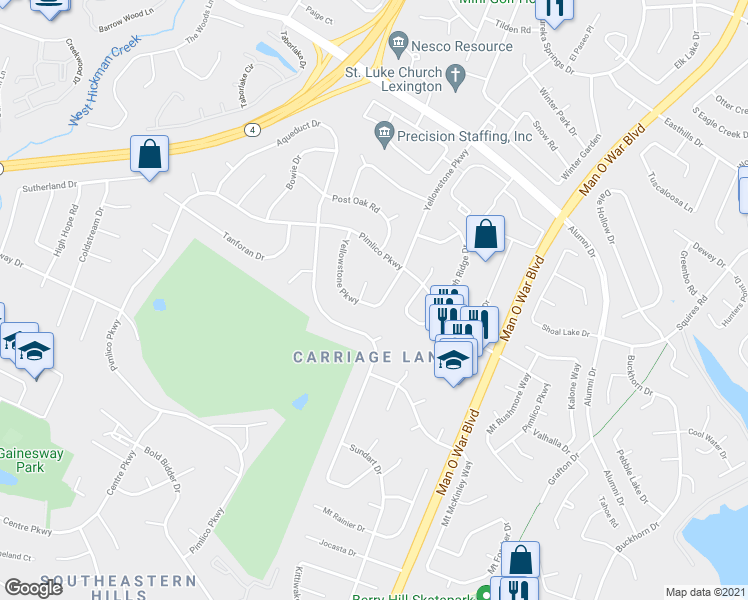 map of restaurants, bars, coffee shops, grocery stores, and more near 3217 Yellowstone Parkway in Lexington