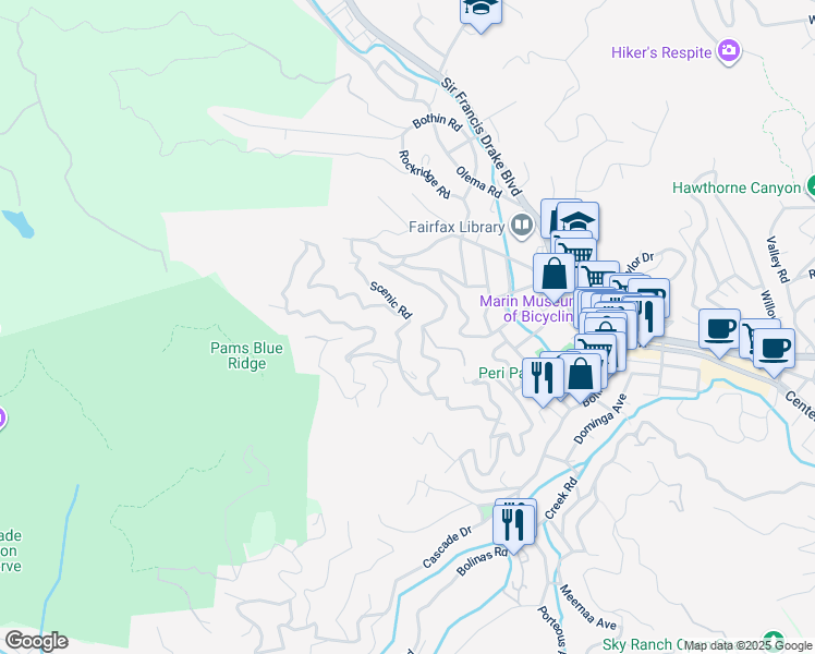 map of restaurants, bars, coffee shops, grocery stores, and more near 295 Scenic Road in Fairfax