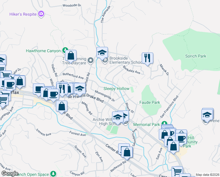 map of restaurants, bars, coffee shops, grocery stores, and more near 40 Broadmoor Avenue in San Anselmo