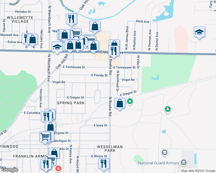 map of restaurants, bars, coffee shops, grocery stores, and more near 1118 North Boeke Road in Evansville