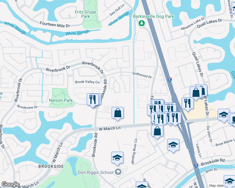 map of restaurants, bars, coffee shops, grocery stores, and more near 3646 Whispering Creek Circle in Stockton